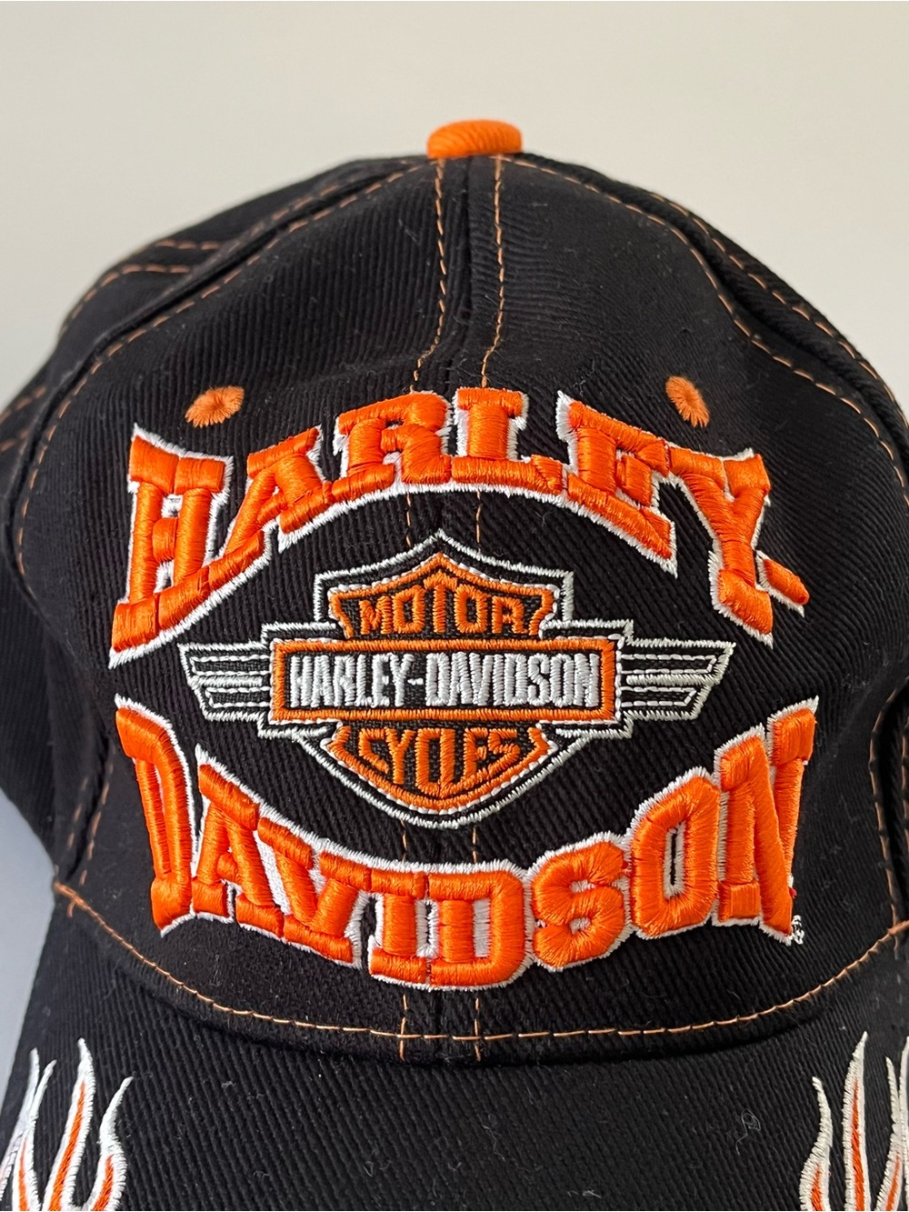 Harley Davidson Motorcycles Hat Cap Black w/Orange Flames Adjustable Embroidered
